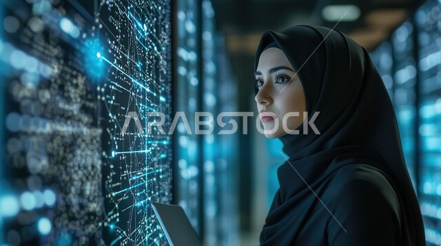 استخدام التقنيات الحديثة والمتطورة، صورة مقربة لشابة عربية خليجية سعودية محجبة مبتسمة تقف أمام شاشة مضيئة ومحاولة النقر عليها، التكنولوجيا وتحقيق الثروة الصناعية، النمو الالكتروني والتطور التكنولوجي
