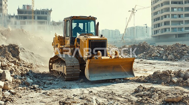 التطور والتحديث وإعادة الإعمار للمنشآت والمباني في المملكة العربية السعودية, آلات ومعدات ثقيلة, جرافة تعمل على رفع وتعبئة الرمال والحصى، مفهوم الهندسة والبناء والتطوير، مهن ووظائف هندسية