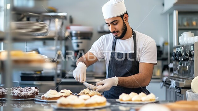 احتراف مهنة وفنون الطبخ، صورة مقربة  لشيف عربي خليجي سعودي يرتدي زي الطهاة ينظر إلى الكاميرا بتعابير السعادة والسرور، العمل في مطابخ ومطاعم المملكة العربية السعودية