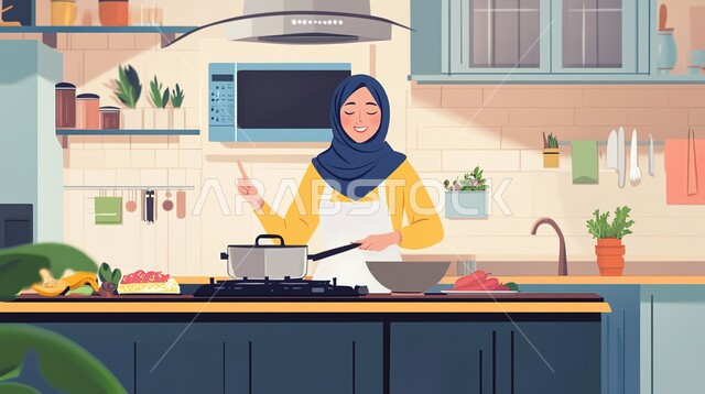  رسوم توضيحية لإمراه عربيه سعوديه خليجيه تقف أمام طاولة المطبخ, الإستعداد لصنع الحلوى, مقادير صنع الكعك، الإستمتاع في صنع الطعام، حلويات وسكريات شهية