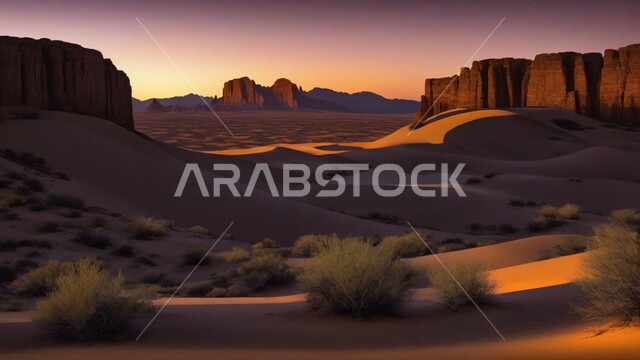 أماكن السياحة الطبيعية المشهورة, تكوينات وتشكيلات رملية ناعمة في الصحراء, التضاريس الجبلية الوعرة في البيئة الصحراوية, نمو البناتات البرية والشوكية في البراري في وقت غروب الشمس, الطبيعة الصخرية والجافة في المرتفعات