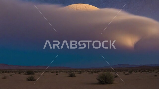 نمو الشوكيات والأعشاب في براري المملكة العربية السعودية, منظر السماء المليئة بالغيوم و السحب, التضاريس و الكثبان الرملية في الصحاري, الرمال الناعمة الذهبية في الصحراء