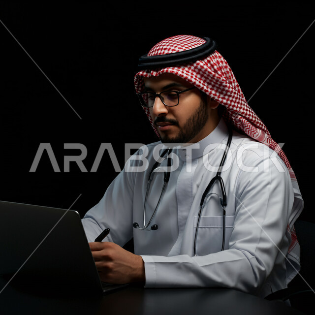 تقديم الخدمات للمرضى بكل كفاءة، إجراء الاستشارات الطبية عن بعد، استخدام التكنولوجيا في البحث والتطوير، بورتريه مقرب لطبيب عربي خليجي سعودي يرتدي الثوب التقليدي والمعطف الابيض يعمل على جهاز الحاسوب المحمول، مهن ووظائف صحية، خلفيه سوداء