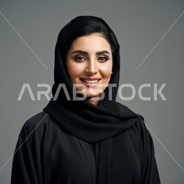 Concept of softness and femininity, interest in appearance, close-up portrait of a smiling Saudi Arabian Gulf woman wearing hijab and abaya looking at the camera with gestures of self-confidence, standing straight to take a selfie for official documents, colorful background
