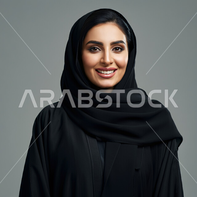 مفهوم النعومة و الأنوثة، الاهتمام بالمظهر الخارجي، بورتريه مقرب لامرأة عربية خليجية سعودية مبتسمة ترتدي الحجاب والعباءة تنظر إلى الكاميرا بايماءات الثقة بالنفس، الوقوف باستقامة لالتقاط صورة شخصية للوثائق الرسمية، خلفية رمادية