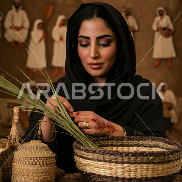 حرف يدوية قديمة تاريخية، مهن نسائية شعبية تقليدية، استخدام أوراق النخيل المجففة في صناعة السلل، صورة مقربة لإمرأة عربية خليجية سعودية ترتدي الحجاب والعباءة تقوم بجدل سعائف الخوص، منتجات محلية وطنية، التراث والأصالة في السعودية