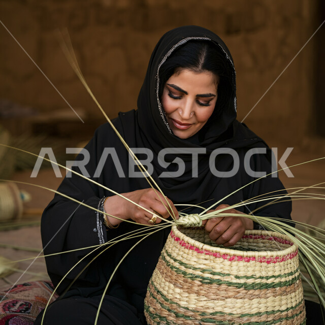 حرف يدوية قديمة تاريخية، مهن نسائية شعبية تقليدية، استخدام أوراق النخيل المجففة في صناعة السلل، صورة مقربة لإمرأة عربية خليجية سعودية ترتدي الحجاب والعباءة تقوم بجدل سعائف الخوص، منتجات محلية وطنية، التراث والأصالة في السعودية