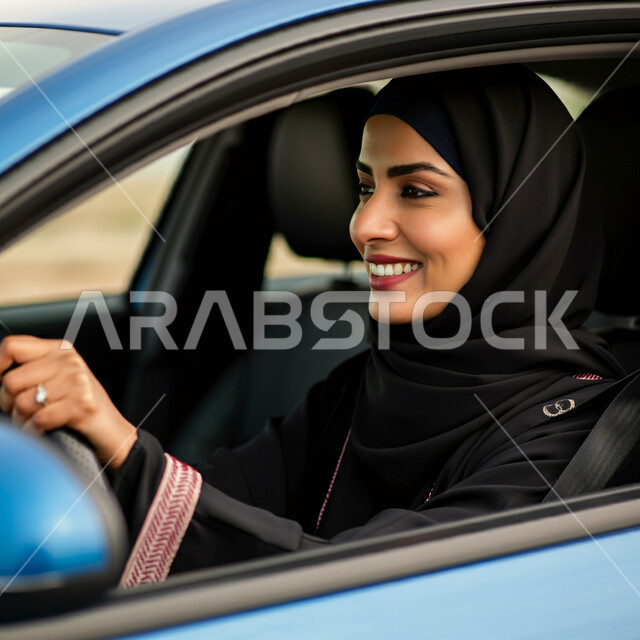 Driving carefully and following safety rules, having a good time outside, gestures of pleasure and happiness, close-up side view of smiling Saudi Arabian Gulf woman wearing hijab and abaya sitting in car seat, concept of independence, freedom and self-reliance