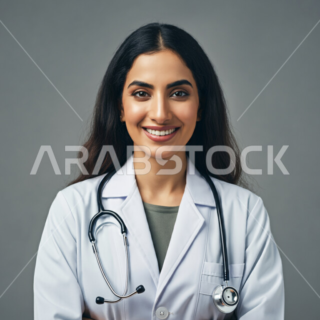 إيماءات الثقة بالنفس والبشاشة، تقديم المساعدة الطبية للمرضى، العمل في المراكز الصحية والمستشفيات، بورتريه مقرب لطبيبة عربية خليجية سعودية مبتسمة ترتدي المعطف الطبي الأبيض وسماعة الفحص تنظر إلى الكاميرا، مفهوم الطب والرعاية، خلفية سوداء