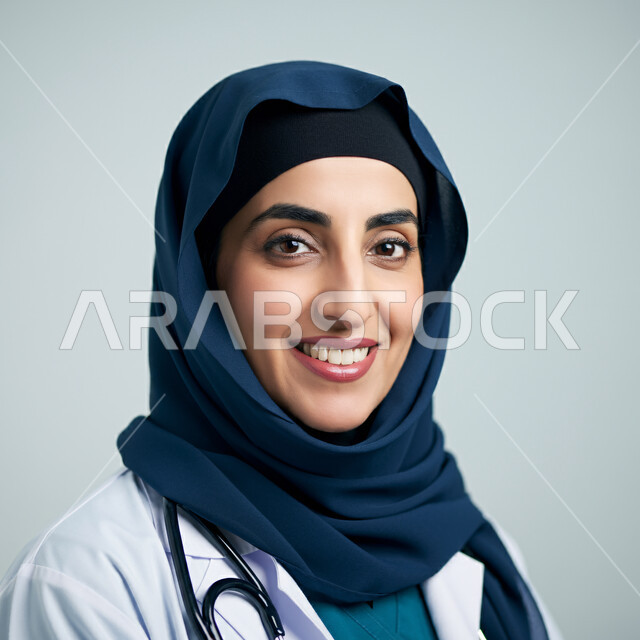 إيماءات الثقة بالنفس والبشاشة، تقديم المساعدة الطبية للمرضى، العمل في المراكز الصحية والمستشفيات، بورتريه مقرب لطبيبة عربية خليجية سعودية مبتسمة ترتدي المعطف الطبي الأبيض وسماعة الفحص تنظر إلى الكاميرا، مفهوم الطب والرعاية، خلفية سوداء