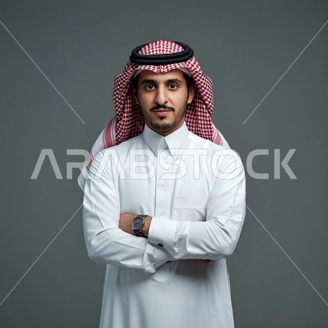 مفهوم الأناقة والرجولة، بورتريه مقرب لرجل عربي خليجي سعودي يرتدي الثوب التقليدي والشماغ يقف بإيماءات أيدي متقاطعة ينظر إلى الكاميرا بتعابير الثقة بالنفس، الاعتناء والاهتمام بالمظهر الخارجي، خلفية رمادية