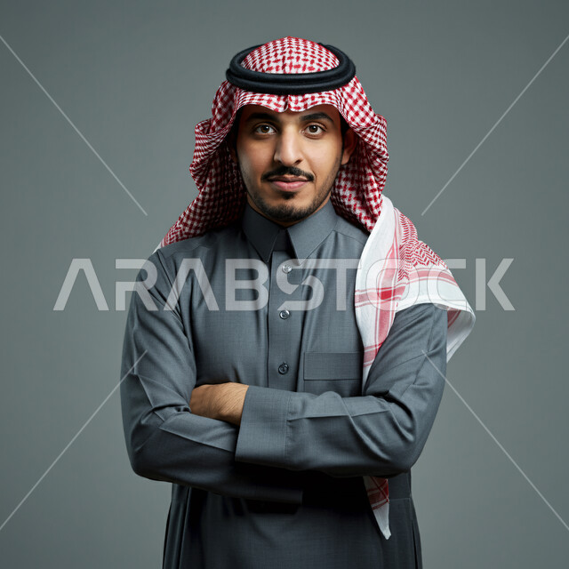 مفهوم الأناقة والرجولة، بورتريه مقرب لرجل عربي خليجي سعودي يرتدي الثوب التقليدي والشماغ يقف بإيماءات أيدي متقاطعة ينظر إلى الكاميرا بتعابير الثقة بالنفس، الاعتناء والاهتمام بالمظهر الخارجي، خلفية رمادية
