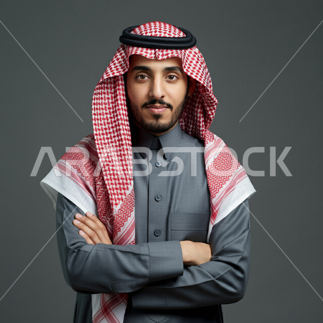 مفهوم الأناقة والرجولة، بورتريه مقرب لرجل عربي خليجي سعودي يرتدي الثوب التقليدي والشماغ يقف بإيماءات أيدي متقاطعة ينظر إلى الكاميرا بتعابير الثقة بالنفس، الاعتناء والاهتمام بالمظهر الخارجي، خلفية رمادية