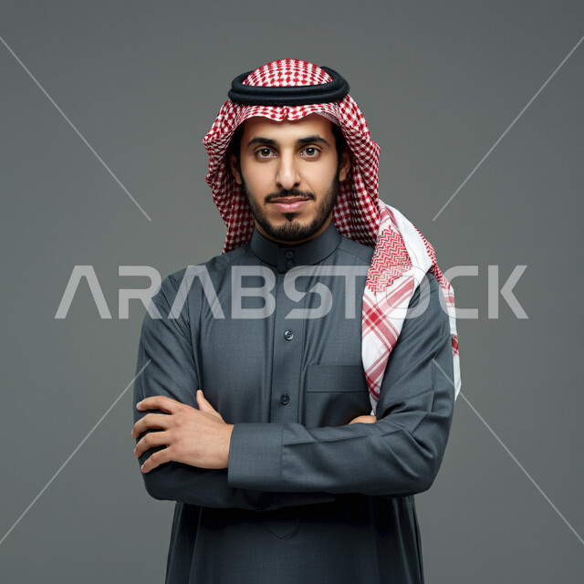 مفهوم الأناقة والرجولة، بورتريه مقرب لرجل عربي خليجي سعودي يرتدي الثوب التقليدي والشماغ يقف بإيماءات أيدي متقاطعة ينظر إلى الكاميرا بتعابير الثقة بالنفس، الاعتناء والاهتمام بالمظهر الخارجي، خلفية رمادية