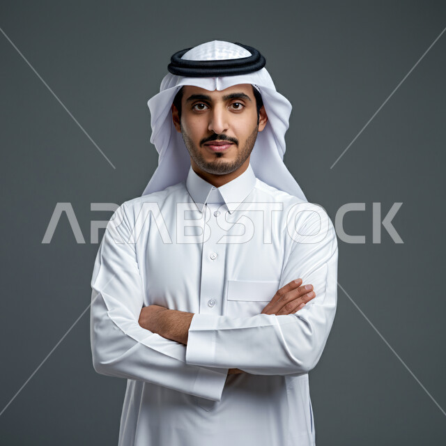 Caring and attention to appearance, concept of elegance and masculinity, close-up portrait of a Saudi Arabian Gulf man wearing traditional thobe and shemagh standing with crossed hands gestures looking at the camera with self-confident expressions, gray background