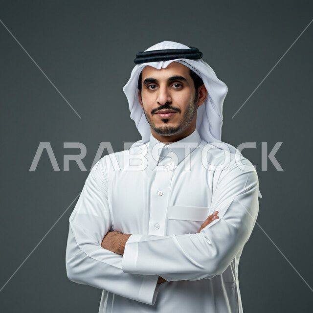 الاعتناء والاهتمام بالمظهر الخارجي، مفهوم الأناقة والرجولة، بورتريه مقرب لرجل عربي خليجي سعودي يرتدي الثوب التقليدي والشماغ يقف بإيماءات أيدي متقاطعة ينظر إلى الكاميرا بتعابير الثقة بالنفس، خلفية رمادية