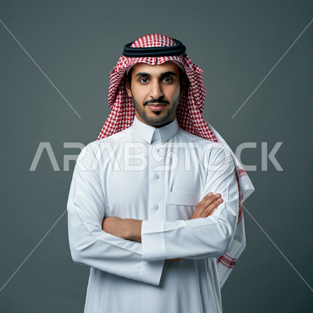 Caring and attention to appearance, concept of elegance and masculinity, close-up portrait of a Saudi Arabian Gulf man wearing traditional thobe and shemagh standing with crossed hands gestures looking at the camera with self-confident expressions, gray background