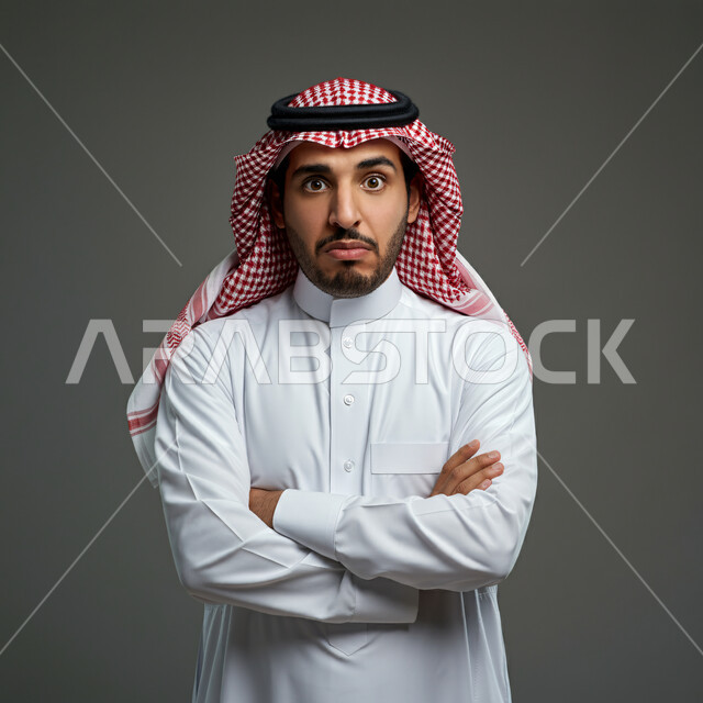 الشعور بعدم الرغبة والإنزعاج من شيء ما، بورتريه مقرب لرجل عربي خليجي سعودي يرتدي الثوب التقليدي والشماغ يقف بأيدي متقاطعة ينظر إلى الكاميرا بتعابير وإيماءات عدم الموافقة وعدم الإعجاب، خلفية رمادية