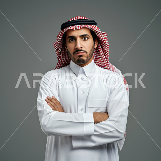 الشعور بعدم الرغبة والإنزعاج من شيء ما، بورتريه مقرب لرجل عربي خليجي سعودي يرتدي الثوب التقليدي والشماغ يقف بأيدي متقاطعة ينظر إلى الكاميرا بتعابير وإيماءات عدم الموافقة وعدم الإعجاب، خلفية رمادية