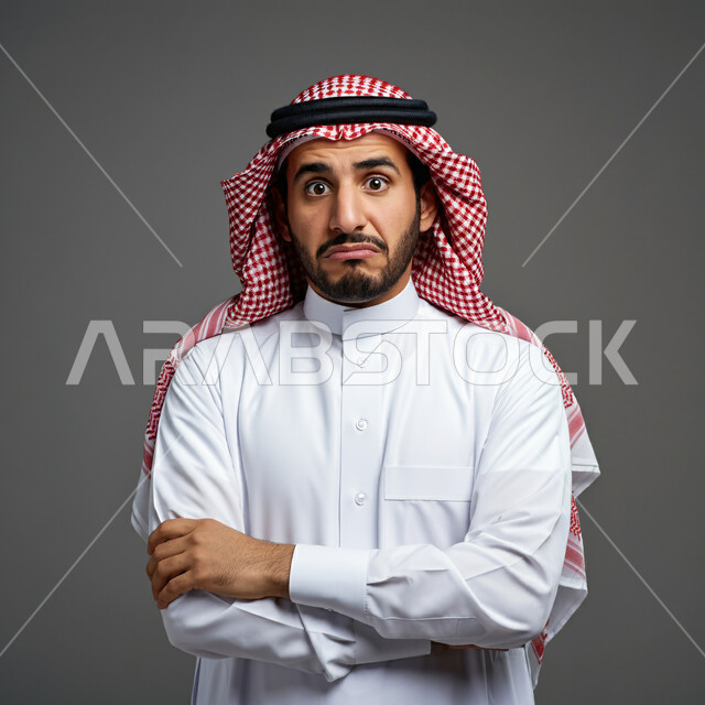 الشعور بعدم الرغبة والإنزعاج من شيء ما، بورتريه مقرب لرجل عربي خليجي سعودي يرتدي الثوب التقليدي والشماغ يقف بأيدي متقاطعة ينظر إلى الكاميرا بتعابير وإيماءات عدم الموافقة وعدم الإعجاب، خلفية رمادية
