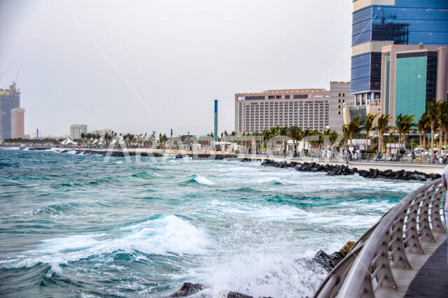 An illustration of the Jeddah Corniche in Saudi Arabia, the beauty of nature in Jeddah, the seashore, towers and skyscrapers, tourism in Saudi Arabia