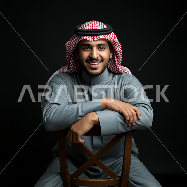 The concept of masculinity and elegance, interest in appearance, self-confidence and feeling of strength, portrait of a smiling Saudi Arabian Gulf young man wearing a traditional shemagh and thobe sitting on a chair looking at the camera with gestures of pleasure and self-confidence, gray background
