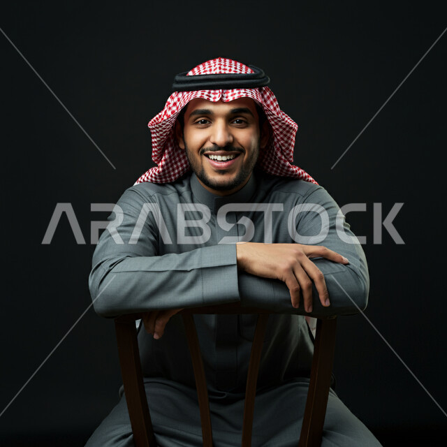 مفهوم الرجولة والأناقة، الاهتمام بالمظهر الخارجي، الثقة بالنفس والشعور بالقوة، بورتريه لشاب عربي خليجي سعودي مبتسم يرتدي الشماغ والثوب التقليدي يجلس على الكرسي ينظر إلى الكاميرا بإيماءات السرور والثقة بالنفس، خلفية رمادية