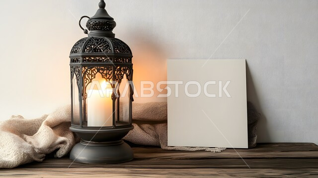  لوحة بيضاء فارغة بجانب فانوس رمضاني, مفهوم الاحتفال بالمناسبات والأعياد الدينية الاسلامية في المملكة العربية السعودية، الفوانيس المعدنية التقليدية, ديكورات وزينة رمضان المبارك, البهجة بقدوم شهر الخير، الأجواء الروحانية المميزة