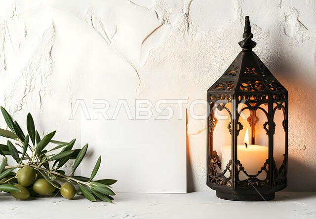  لوحة بيضاء فارغة بجانب فانوس رمضاني, مفهوم الاحتفال بالمناسبات والأعياد الدينية الاسلامية في المملكة العربية السعودية، الفوانيس المعدنية التقليدية, ديكورات وزينة رمضان المبارك, البهجة بقدوم شهر الخير، الأجواء الروحانية المميزة