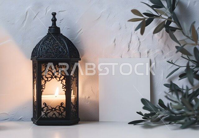 An empty white board next to a Ramadan lantern, the concept of celebrating Islamic religious occasions and holidays in the Kingdom of Saudi Arabia, traditional metal lanterns, decorations and decorations for the blessed Ramadan, the joy of the arrival of the month of goodness, the distinctive spiritual atmosphere
