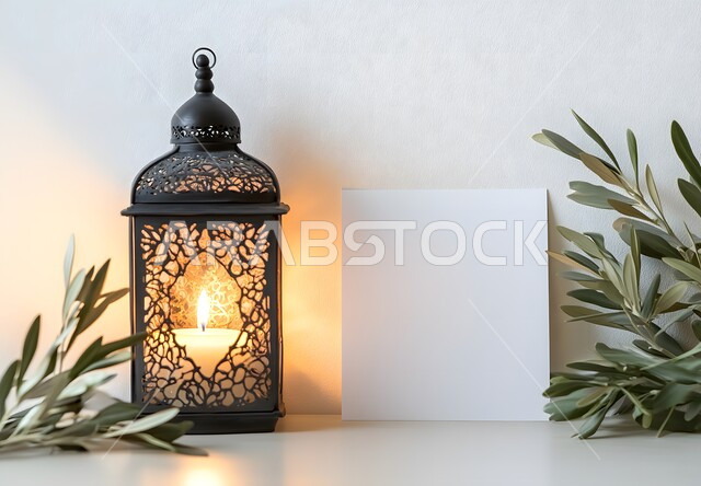  لوحة بيضاء فارغة بجانب فانوس رمضاني, مفهوم الاحتفال بالمناسبات والأعياد الدينية الاسلامية في المملكة العربية السعودية، الفوانيس المعدنية التقليدية, ديكورات وزينة رمضان المبارك, البهجة بقدوم شهر الخير، الأجواء الروحانية المميزة