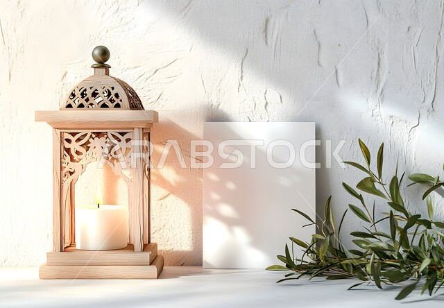  لوحة بيضاء فارغة بجانب فانوس رمضاني, مفهوم الاحتفال بالمناسبات والأعياد الدينية الاسلامية في المملكة العربية السعودية، الفوانيس المعدنية التقليدية, ديكورات وزينة رمضان المبارك, البهجة بقدوم شهر الخير، الأجواء الروحانية المميزة