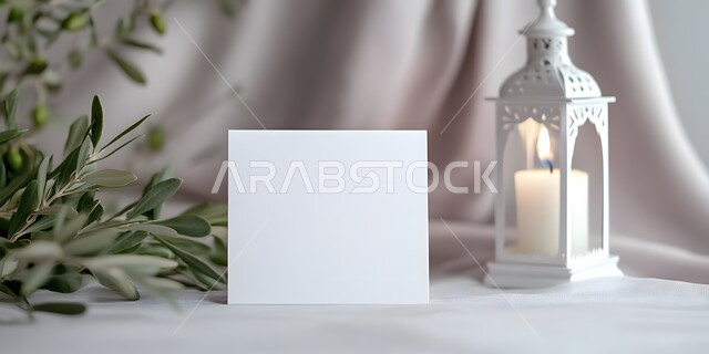  لوحة بيضاء فارغة بجانب فانوس رمضاني, مفهوم الاحتفال بالمناسبات والأعياد الدينية الاسلامية في المملكة العربية السعودية، الفوانيس المعدنية التقليدية, ديكورات وزينة رمضان المبارك, البهجة بقدوم شهر الخير، الأجواء الروحانية المميزة