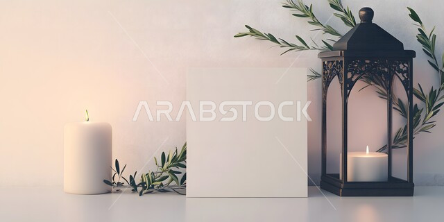  لوحة بيضاء فارغة بجانب فانوس رمضاني, مفهوم الاحتفال بالمناسبات والأعياد الدينية الاسلامية في المملكة العربية السعودية، الفوانيس المعدنية التقليدية, ديكورات وزينة رمضان المبارك, البهجة بقدوم شهر الخير، الأجواء الروحانية المميزة