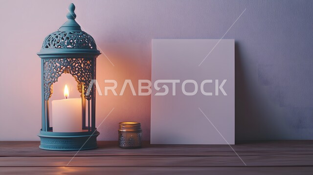 The concept of celebrating Islamic religious occasions and holidays in the Kingdom of Saudi Arabia, a blank white plate next to a Ramadan lantern, traditional metal lanterns, decorations and decorations for the blessed Ramadan, the joy of the arrival of the month of goodness, the distinctive spiritual atmosphere