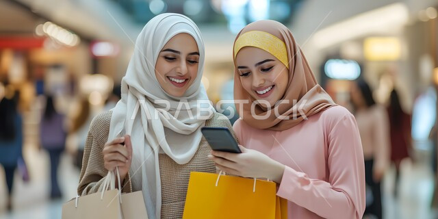 متعة مشاركة الأصدقاء في اختيار الأشياء والمستلزمات من المولات التجارية، مواكبة آخر صيحات الموضة، الأثر الإيجابي للتسوق على النساء، شابتان عربيتان خليجيتان سعوديتان مبتسمتان تحملان الأكياس الورقية تقومان بالتبضع في المول، استخدام الهاتف المحمول, الاستفادة من حسومات الجمعة البيضاء