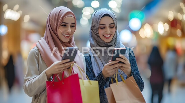 متعة مشاركة الأصدقاء في اختيار الأشياء والمستلزمات من المولات التجارية، مواكبة آخر صيحات الموضة، الأثر الإيجابي للتسوق على النساء، شابتان عربيتان خليجيتان سعوديتان مبتسمتان تحملان الأكياس الورقية تقومان بالتبضع في المول، استخدام الهاتف المحمول, الاستفادة من حسومات الجمعة البيضاء