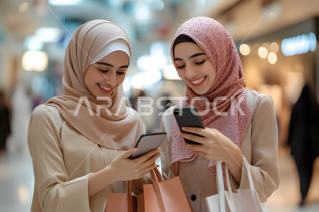 متعة مشاركة الأصدقاء في اختيار الأشياء والمستلزمات من المولات التجارية، مواكبة آخر صيحات الموضة، الأثر الإيجابي للتسوق على النساء، شابتان عربيتان خليجيتان سعوديتان مبتسمتان تحملان الأكياس الورقية تقومان بالتبضع في المول، استخدام الهاتف المحمول, الاستفادة من حسومات الجمعة البيضاء