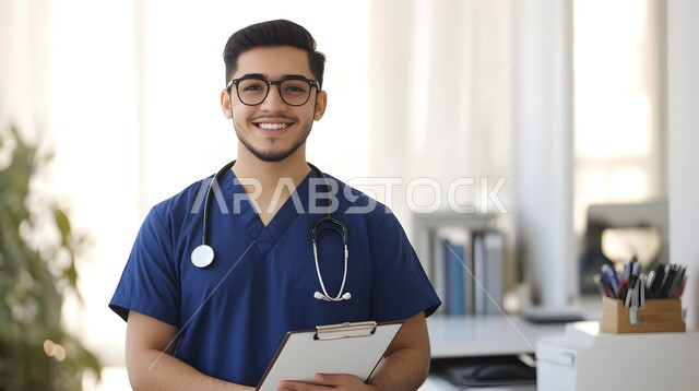 الاستعداد لتقديم الخدمات للمرضى بكل كفاءة، مفهوم الطب والرعاية الصحية، صورة مقربة لطبيب عربي خليجي سعودي مبتسم يرتدي اليونيفور والنظارات يضع سماعة الفحص وينظر إلى الكاميرا بتعابير السعادة والسرور 