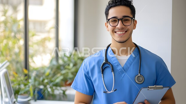 الاستعداد لتقديم الخدمات للمرضى بكل كفاءة، مفهوم الطب والرعاية الصحية، صورة مقربة لطبيب عربي خليجي سعودي مبتسم يرتدي اليونيفور والنظارات يضع سماعة الفحص وينظر إلى الكاميرا بتعابير السعادة والسرور 