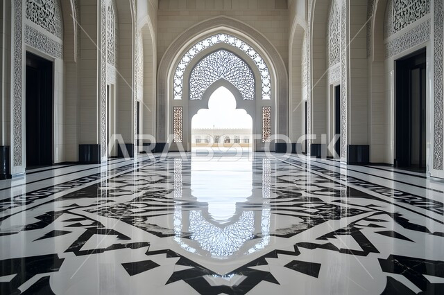 الفن الهندسي المعماري من الداخل لمسجد عربي عريق، مفهوم العبادة والتقرب إلى الله تعالى, النقوش والزخارف للاعمدة والاقواس على الطراز الاسلامي، التصاميم والديكورات الداخلية الأنيقة للمساجد