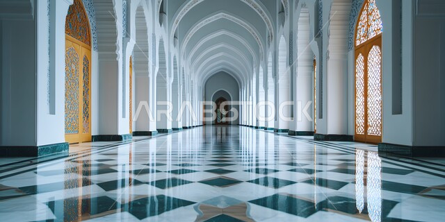 Architectural engineering art from the interior of an ancient Arab mosque, the concept of worship and closeness to God Almighty, inscriptions and decorations for columns and arches in the Islamic style, elegant interior designs and decorations for mosques