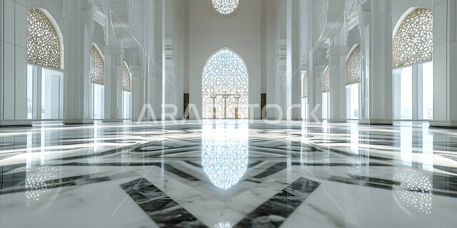 الفن الهندسي المعماري من الداخل لمسجد عربي عريق، مفهوم العبادة والتقرب إلى الله تعالى, النقوش والزخارف للاعمدة والاقواس على الطراز الاسلامي، التصاميم والديكورات الداخلية الأنيقة للمساجد
