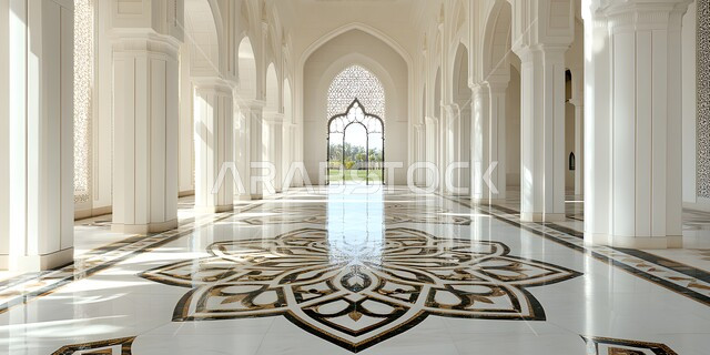 الفن الهندسي المعماري من الداخل لمسجد عربي عريق، مفهوم العبادة والتقرب إلى الله تعالى, النقوش والزخارف للاعمدة والاقواس على الطراز الاسلامي، التصاميم والديكورات الداخلية الأنيقة للمساجد