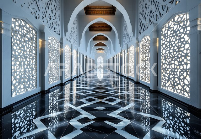 الفن الهندسي المعماري من الداخل لمسجد عربي عريق، مفهوم العبادة والتقرب إلى الله تعالى, النقوش والزخارف للاعمدة والاقواس على الطراز الاسلامي، التصاميم والديكورات الداخلية الأنيقة للمساجد