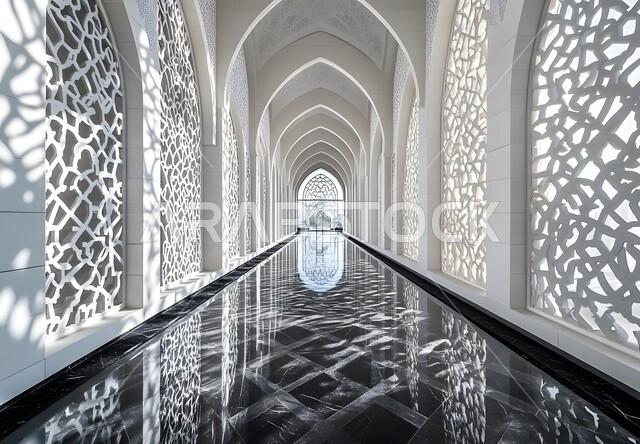 Architectural engineering art from the interior of an ancient Arab mosque, the concept of worship and closeness to God Almighty, inscriptions and decorations for columns and arches in the Islamic style, elegant interior designs and decorations for mosques
