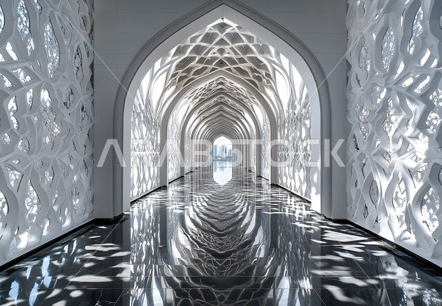 الفن الهندسي المعماري من الداخل لمسجد عربي عريق، مفهوم العبادة والتقرب إلى الله تعالى, النقوش والزخارف للاعمدة والاقواس على الطراز الاسلامي، التصاميم والديكورات الداخلية الأنيقة للمساجد