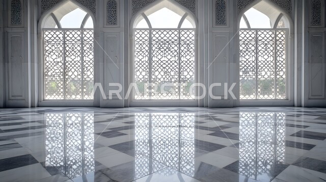 الفن الهندسي المعماري من الداخل لمسجد عربي عريق، مفهوم العبادة والتقرب إلى الله تعالى, النقوش والزخارف للاعمدة والاقواس على الطراز الاسلامي، التصاميم والديكورات الداخلية الأنيقة للمساجد