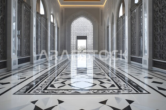 النقوش والزخارف للاعمدة والاقواس على الطراز الاسلامي، الفن الهندسي المعماري من الداخل لمسجد عربي عريق، مفهوم العبادة والتقرب إلى الله تعالى, التصاميم والديكورات الداخلية الأنيقة للمساجد