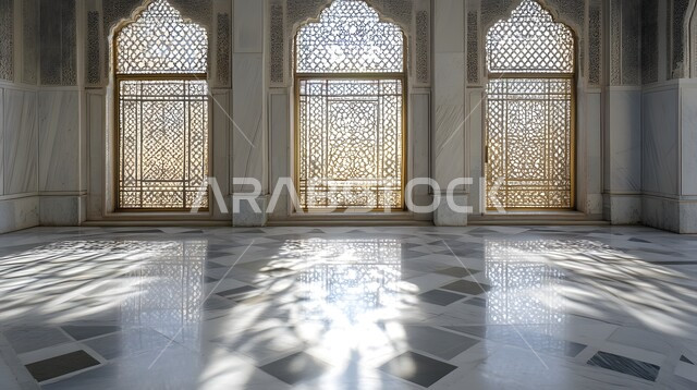 النقوش والزخارف للاعمدة والاقواس على الطراز الاسلامي، الفن الهندسي المعماري من الداخل لمسجد عربي عريق، مفهوم العبادة والتقرب إلى الله تعالى, التصاميم والديكورات الداخلية الأنيقة للمساجد